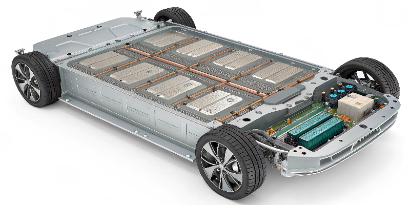 A cutaway of an EV battery enclosure showing intricate liquid cooling channels cast directly into the aluminum structure