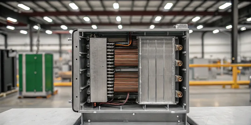 The combination of metals inside a power inverter A cutaway view of a modern power inverter showing the internal copper busbars, aluminum heat sink fins, and the outer protective housing.