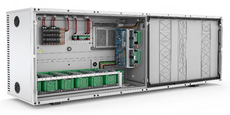 A cutaway view of an inverter enclosure showing the intricate liquid cooling channels cast directly into its baseplate