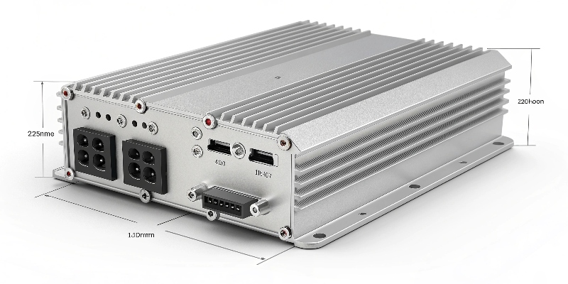 A detailed aluminum die-cast power inverter enclosure with cooling fins and precise mounting points