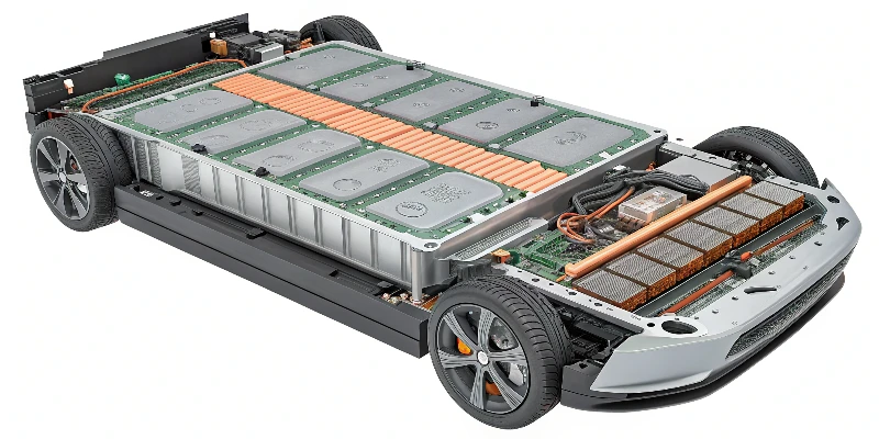 A detailed cutaway view of an electric vehicle battery pack, revealing the intricate internal structure of the die cast aluminum housing with cooling channels.