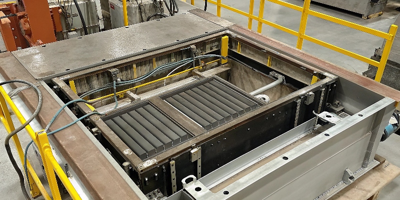 A detailed cutaway view of an EV battery enclosure showing the battery modules, cooling plate, and structural frame