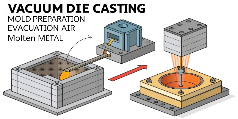 A diagram illustrating the vacuum die casting process, showing air being evacuated from the mold before the molten metal enters