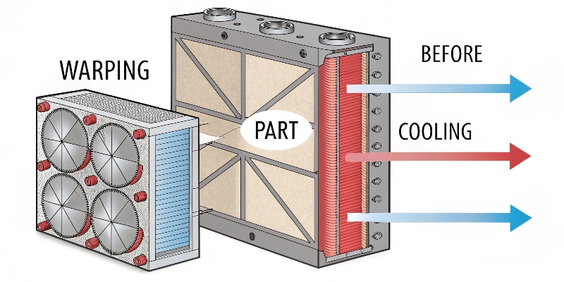 A diagram showing how a part with non-uniform wall thickness can warp during cooling