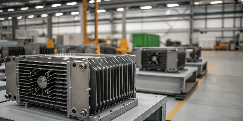 Lightweight aluminum inverter housing with integrated heat sink A lightweight, die-cast aluminum inverter housing with complex, integrated heat sink fins, demonstrating advanced thermal design.