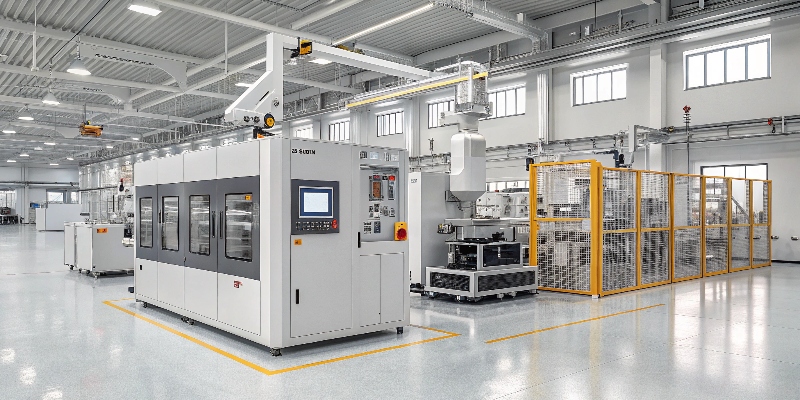 Efficient Die Casting Process A modern, energy-efficient die casting machine in a clean and automated production cell