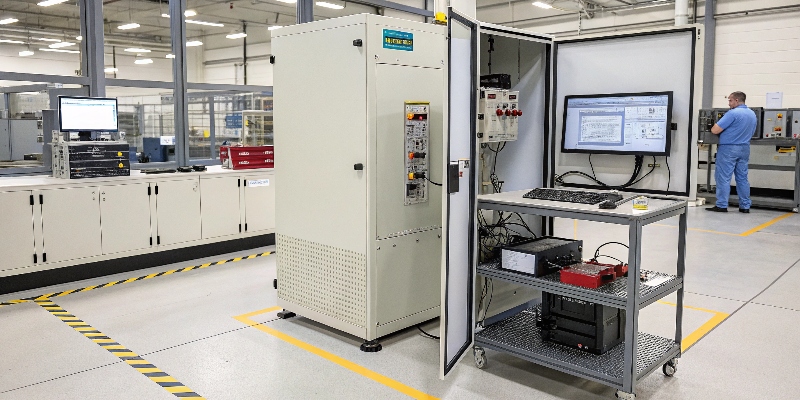 A quality control station where an inverter enclosure is mounted in a fixture for a pressure-decay leak test