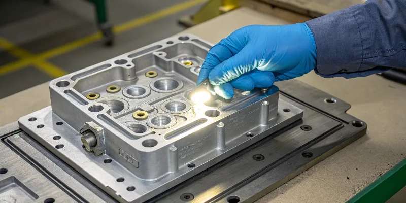 A quality inspector's hand in a blue glove pointing to a visible flow mark defect on a complex aluminum die cast part under a bright inspection light.