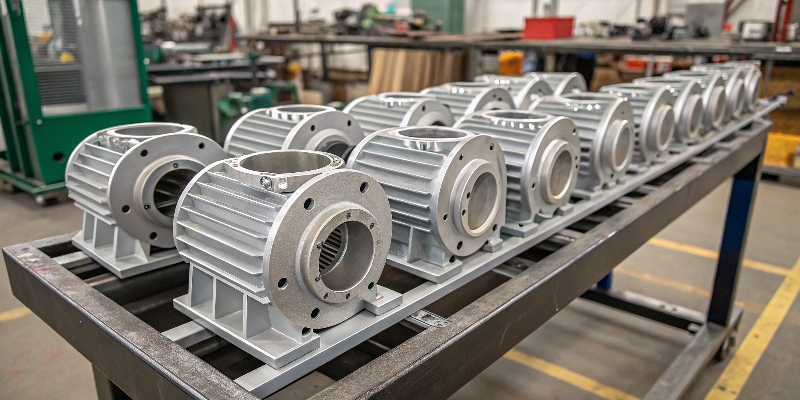 Surface Treatment Compatibility A rack of aluminum motor housings being prepared for powder coating