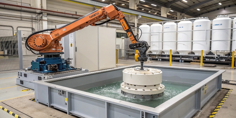 A robotic arm dipping a motor housing into an e-coating bath in an automated surface treatment line