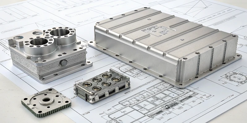A shot showcasing a variety of complex aluminum die cast parts, from a large EV battery housing to a small, intricate industrial component, arranged on a blueprint.