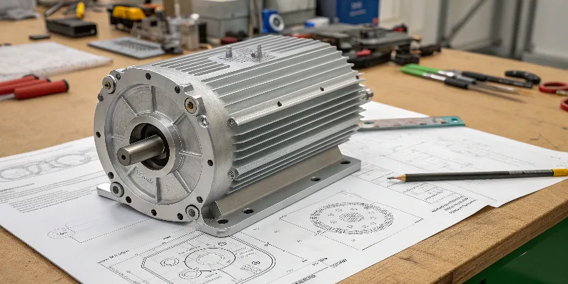 A sleek, die-cast aluminum motor housing with integrated cooling fins, designed for an electric vehicle, sitting on an engineer's workbench.