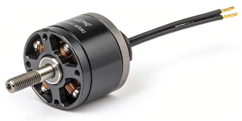 A small, modern motor for a drone with a lightweight, black composite plastic housing, highlighting its compact and integrated design.