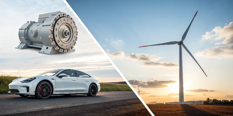 A split-image showing a high-performance EV on one side and a wind turbine on the other, with a central graphic highlighting a die-cast aluminum motor housing as a key enabling technology.
