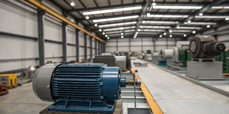 A standard IEC frame electric motor with a blue, fabricated steel housing, commonly seen in industrial factories.