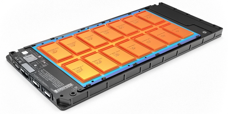 A thermal image of a battery pack showing the cooling plate effectively distributing and removing heat from the cells