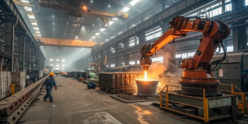 A wide-angle shot of a busy, modern aluminum die casting factory floor, with robotic arms in motion and molten aluminum being poured.