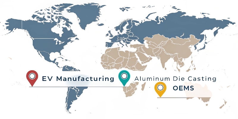 A world map showing the major hubs of EV manufacturing and the widespread adoption of aluminum die casting by OEMs