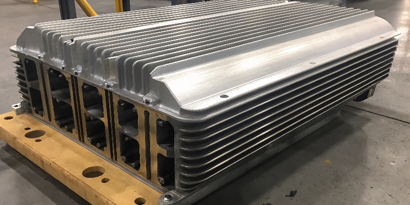 An aluminum EV motor housing with integrated cooling fins and channels