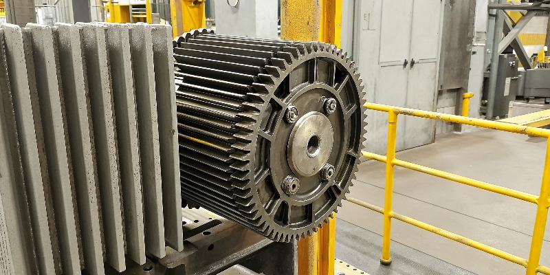 An aluminum EV motor housing with intricate, die-cast cooling fins for heat dissipation