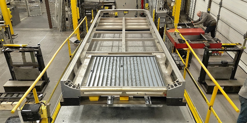 An assembly line showing lightweight aluminum EV chassis components being fitted onto a vehicle body
