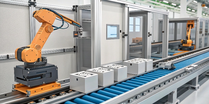 An automated production line showing inverter enclosures undergoing a powder coating process