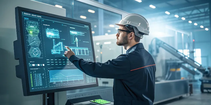 An engineer interacting with a futuristic digital interface showing a 3D model, real-time machine data, and AI-driven quality predictions for a die casting process.