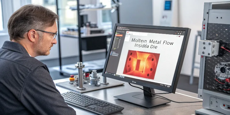 An engineer looking at a computer screen showing a 3D simulation of molten metal flow in a die, with red spots indicating potential defect areas.