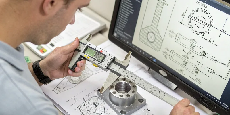 An engineer using digital calipers to measure a critical dimension on a precision aluminum die cast part, with a technical drawing in the background showing tolerance callouts.
