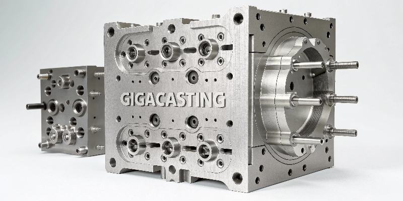 Part Consolidation with Die Casting An image showcasing one complex die-cast "gigacasting" that replaces dozens of stamped and welded steel parts