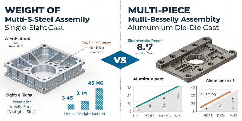 Lightweighting with Aluminum Die Casting An infographic comparing the weight of a multi-piece steel assembly to a single, lighter aluminum die-cast part