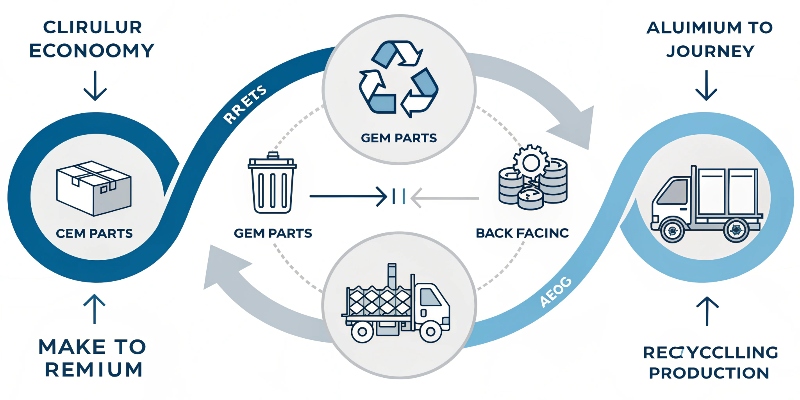 An infographic illustrating the circular economy of aluminum, from OEM part to recycling and back to production