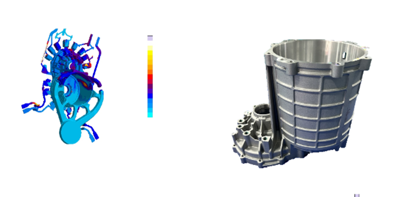 A split-screen image showing a mold flow simulation on one side and the resulting flawless aluminum casting on the other.