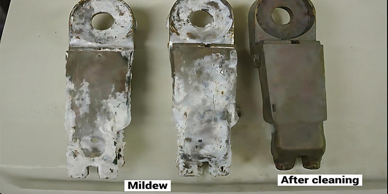 A side-by-side comparison of a corroded die-cast aluminum part and a perfectly clean one.