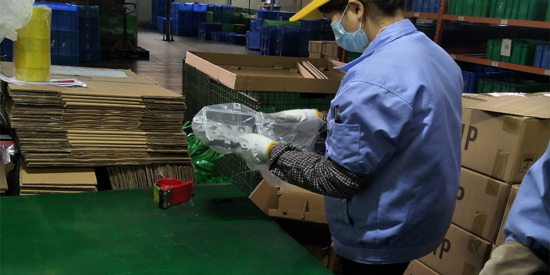Neatly stored aluminum parts, each sealed in a transparent VCI bag with a small desiccant pack inside.