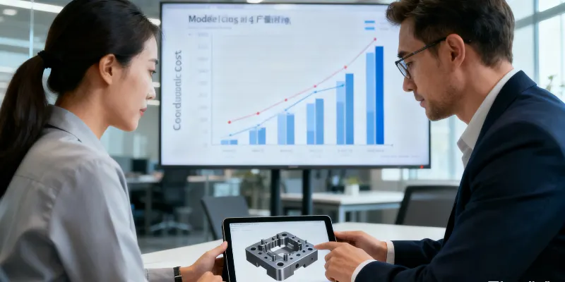 Balancing die casting tooling cost and production volume An engineer and a purchasing manager collaborating over a tablet showing a 3D simulation of a die casting tool, with a graph in the background illustrating how tooling cost is amortized over a high production volume.