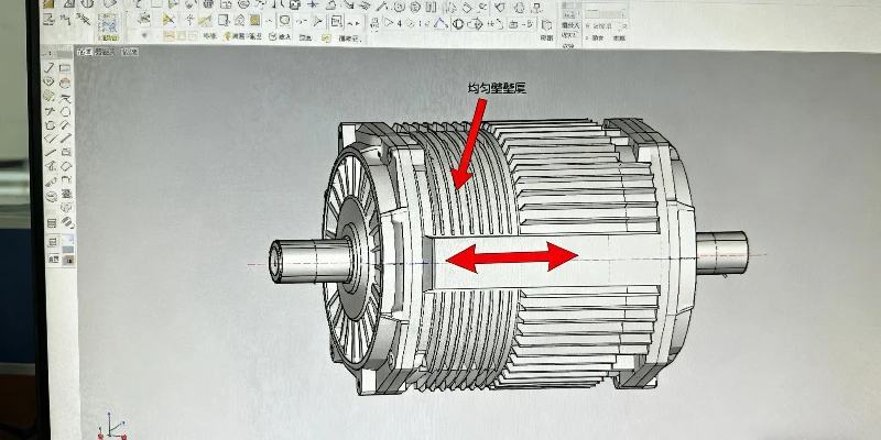 A 3D CAD model of a motor housing on a computer screen, with arrows pointing to the design features of support ribs, fillets, and uniform wall thickness.