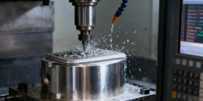 A close-up of a CNC milling tool creating a perfectly flat mating surface on an aluminum transmission housing.