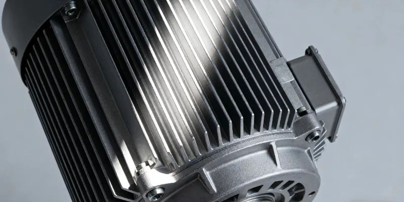 A close-up of a die-cast aluminum motor housing showing intricate, thin cooling fins designed to maximize surface area for heat dissipation.