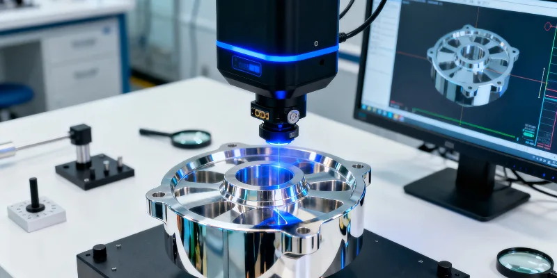 High precision machining with laser measurement A close-up of a precision-machined metal part with a mirror-like surface finish, being measured by a high-tech laser scanner in a quality control lab.