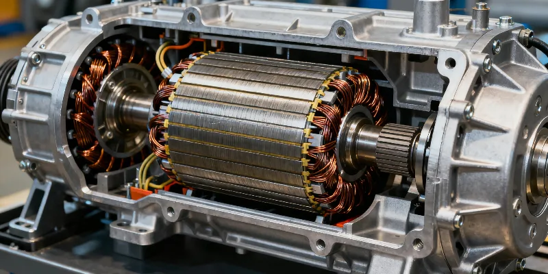 A cutaway view of an EV electric motor, highlighting the precision-cast aluminum housing and the internal stator and rotor it aligns.