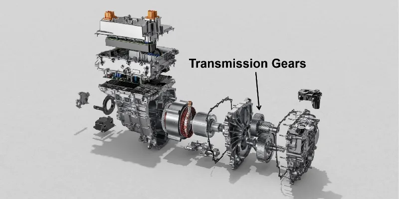 High precision machining applications in an EV powertrain A cutaway view of an EV powertrain, with callouts highlighting the precision-machined bearing seats in the motor housing and the gears in the transmission.