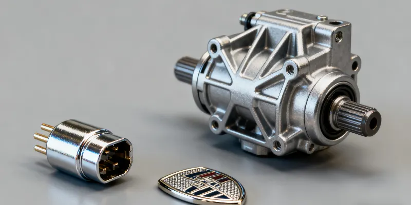Zinc and magnesium die casting applications in auto parts A display of smaller, specialized die cast parts: a shiny zinc-plated electronic connector, a complex magnesium steering wheel armature, and small decorative emblems.