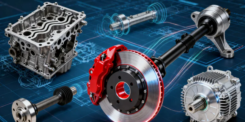 A dynamic collage of various CNC-machined car parts, including an engine block, a brake caliper, a suspension knuckle, and an EV motor housing.