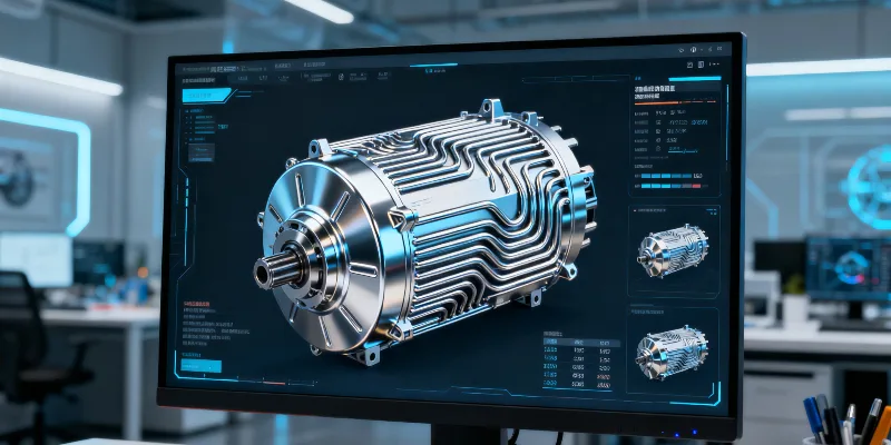A futuristic concept design of an EV motor on a computer screen, showing a highly integrated, liquid-cooled housing cover made from an advanced, lightweight alloy.