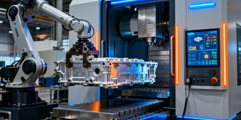 A futuristic image of a fully automated manufacturing cell where a large robotic arm is loading a massive aluminum EV structural casting into a state-of-the-art CNC machine.