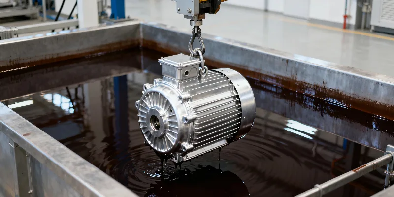 A motor housing being dipped into an e-coating bath, which provides a uniform, anti-corrosion layer of protection.