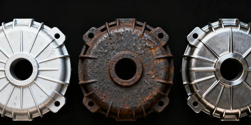 A side-by-side comparison of three motor housing covers made from die-cast aluminum, rugged cast iron, and fabricated steel.
