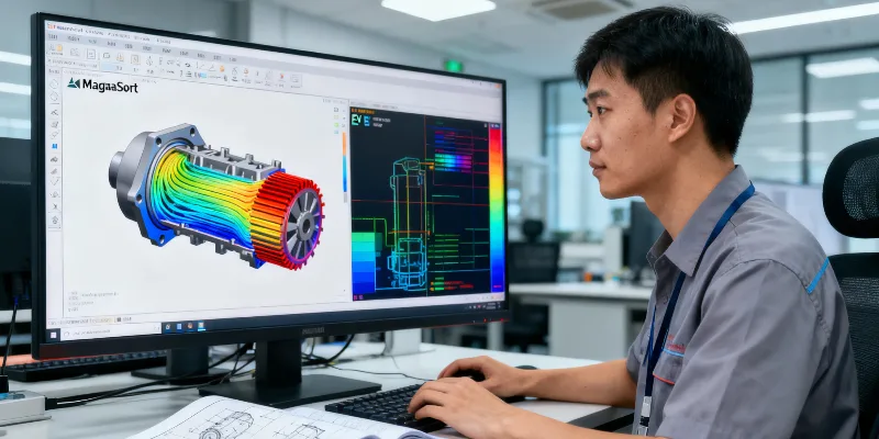 An engineer in China at a computer workstation, analyzing a 3D mold-flow simulation from MagmaSoft software for an EV motor housing.