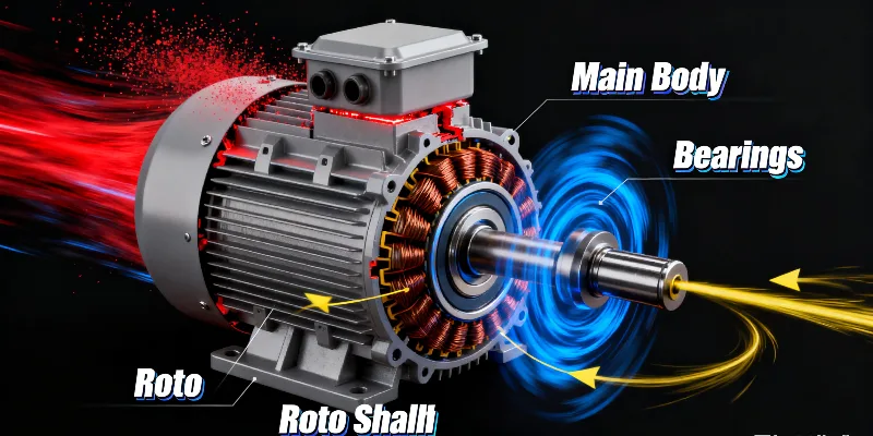 An exploded view of an electric motor, with arrows pointing to the housing cover (end bell) and its connection to the main body, bearings, and rotor shaft.
